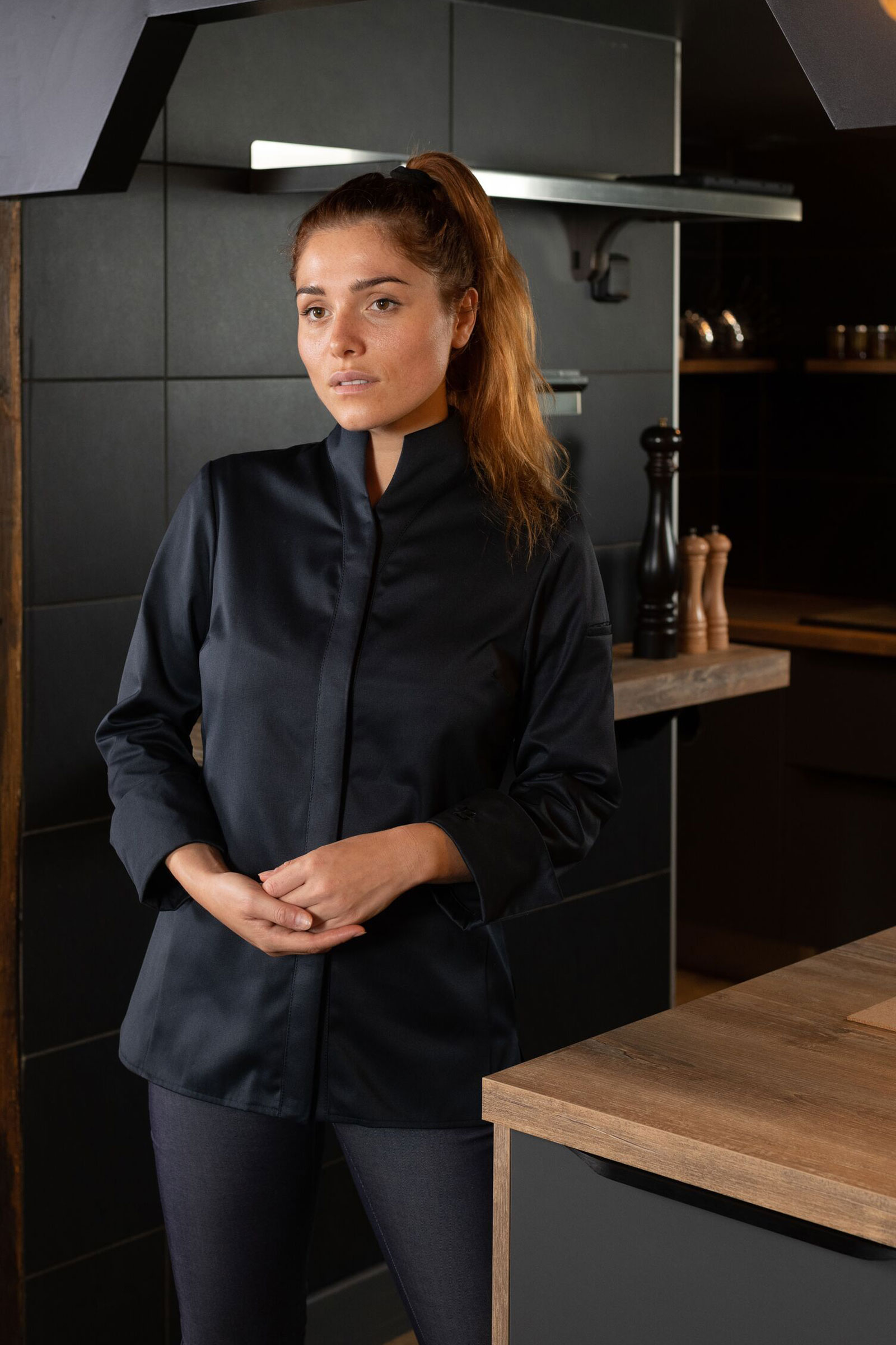 Veste Cuisinier Femme Noire Broderie Gratuite - Veste Chef Restaurant Fabriqué En Italie